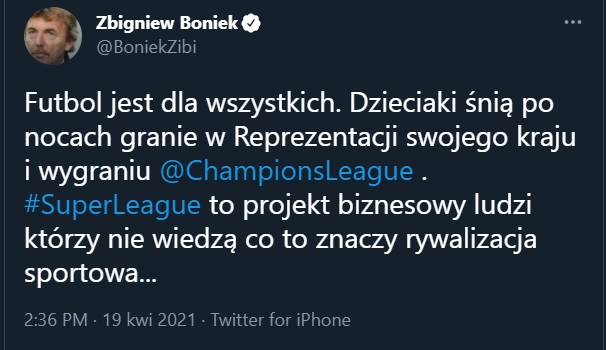 TWEET Zbigniewa Bońka na temat SUPERLIGI!